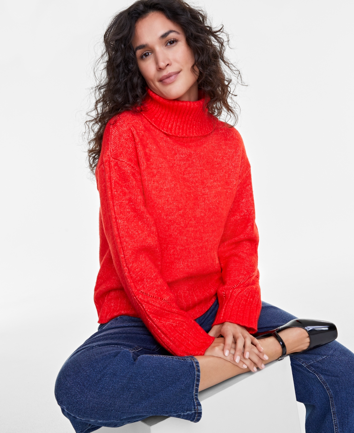 On 34th Women's Relaxed Ribbed-detail Turtleneck Sweater, Exclusively At Macy's In Fiery Red