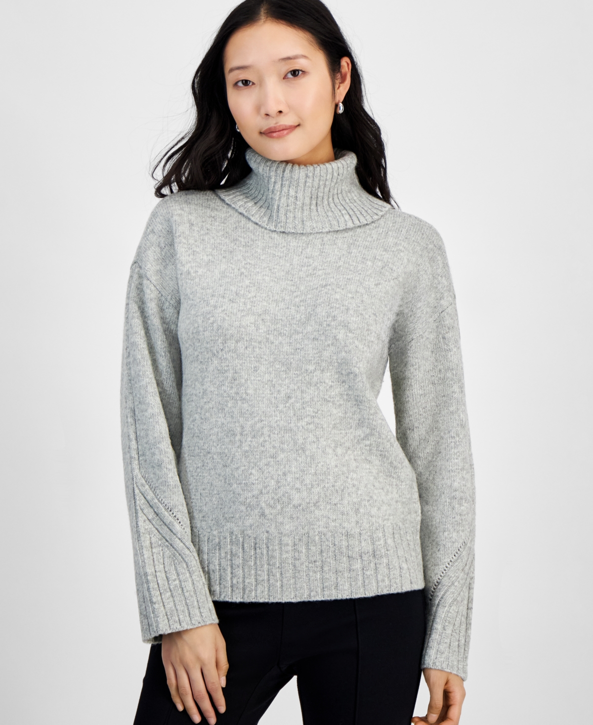 Women's Relaxed Ribbed-Detail Turtleneck Sweater, Exclusively at Macy's - Fiery Red