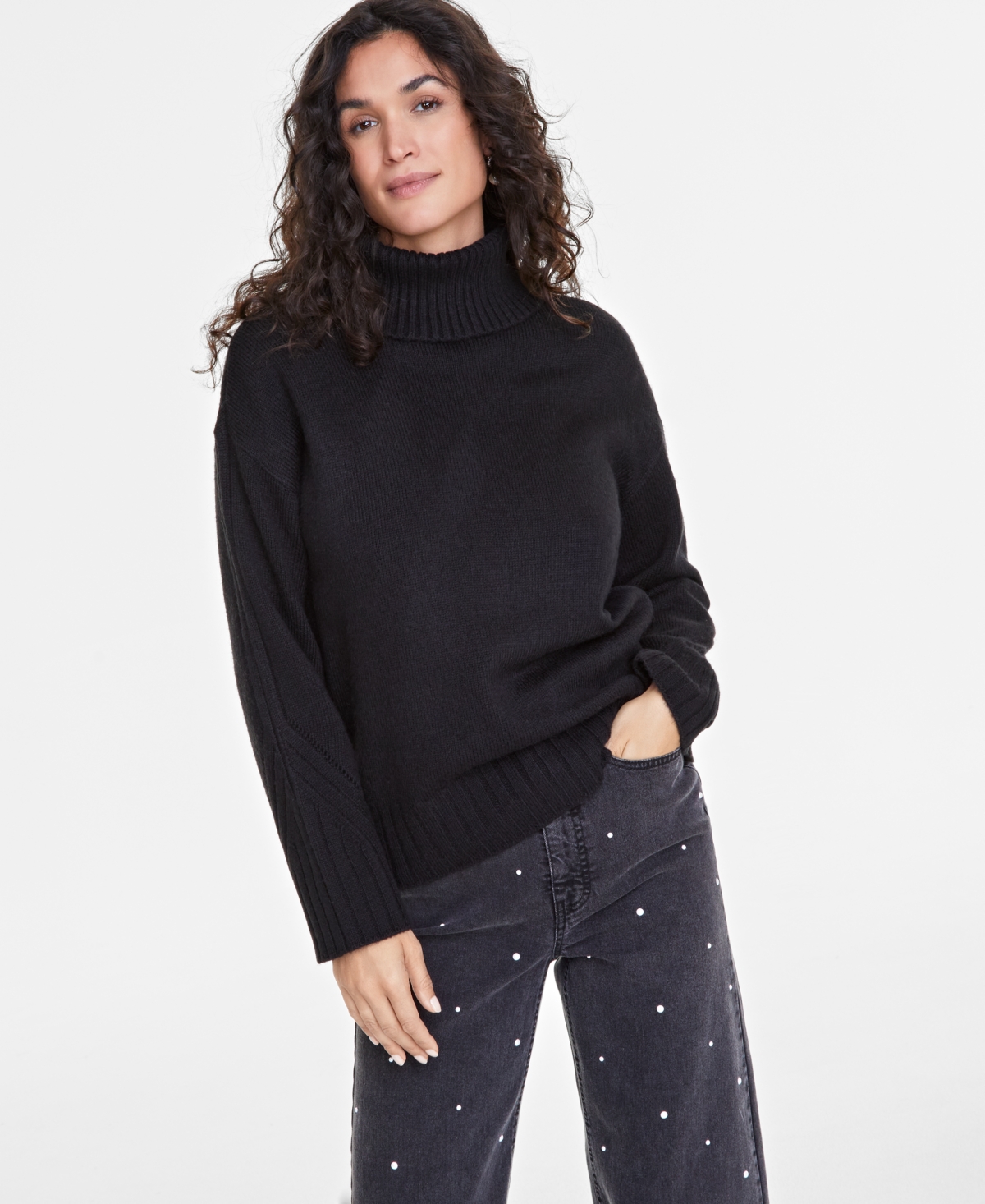 Women's Relaxed Ribbed-Detail Turtleneck Sweater, Exclusively at Macy's - Fiery Red