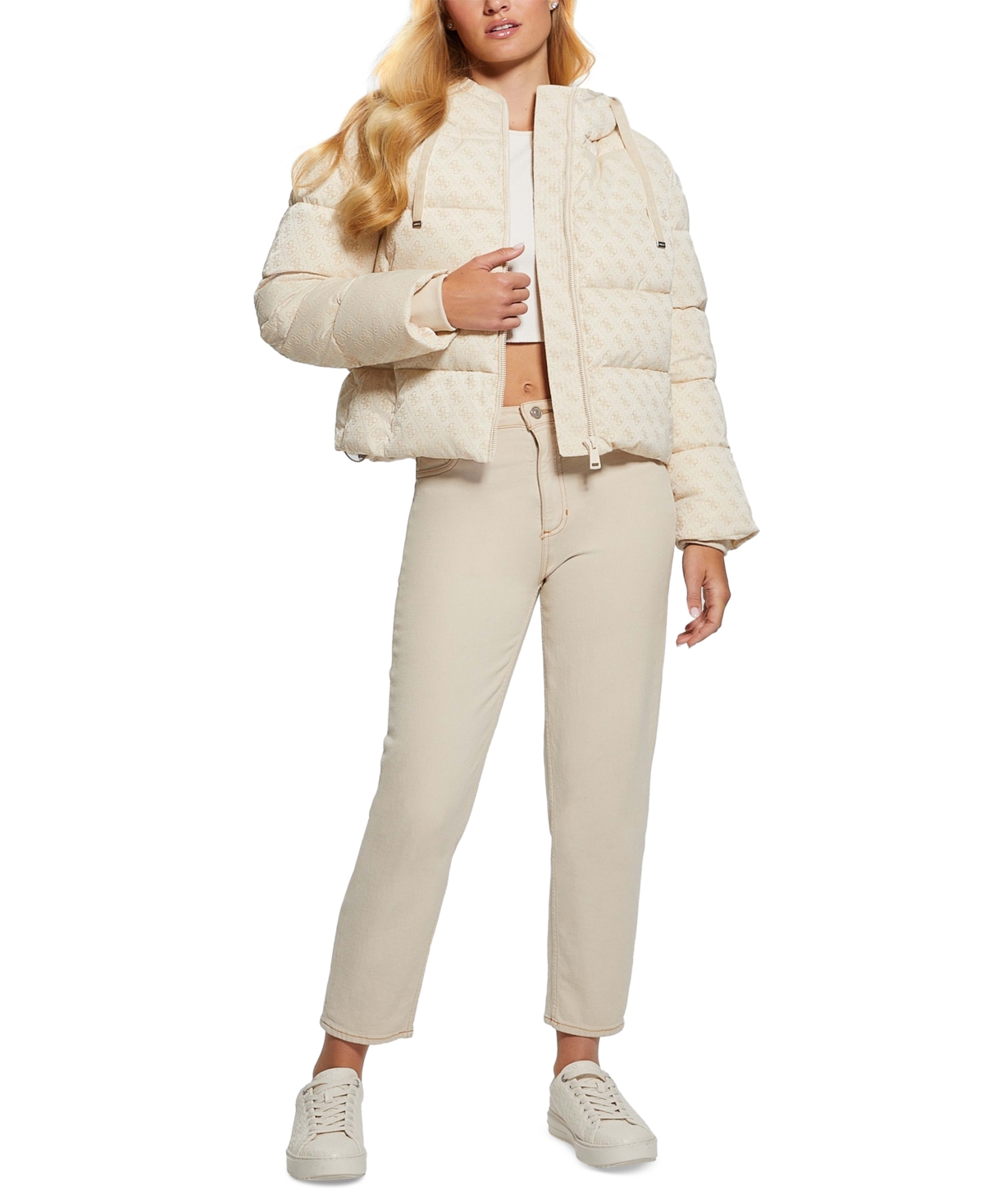 Guess Daisy Flock Logo Puffer Coat In Peony Logo Pearl