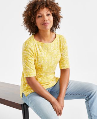 売れ筋商品|||スタイルアンドコー カットソー トップス レディース Petite Printed Elbow-Sleeve Knit Top, Exclusively at Macy's Bright Whit Cmb Style & Co Petite Mini Stars Elbow-Sleeve Knit Top, Created