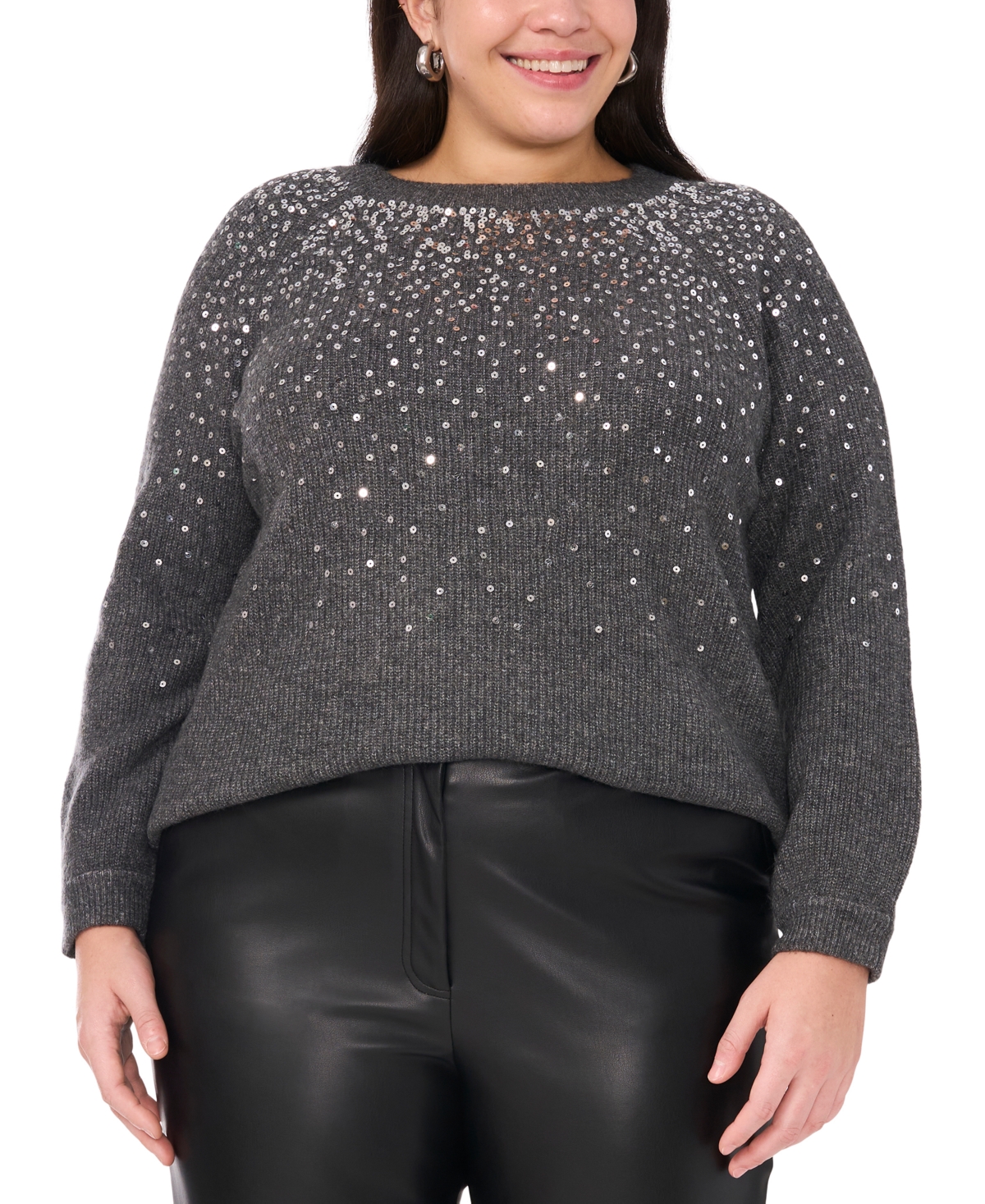 VINCE CAMUTO PLUS SIZE SEQUIN RAGLAN-SLEEVE CREWNECK SWEATER 