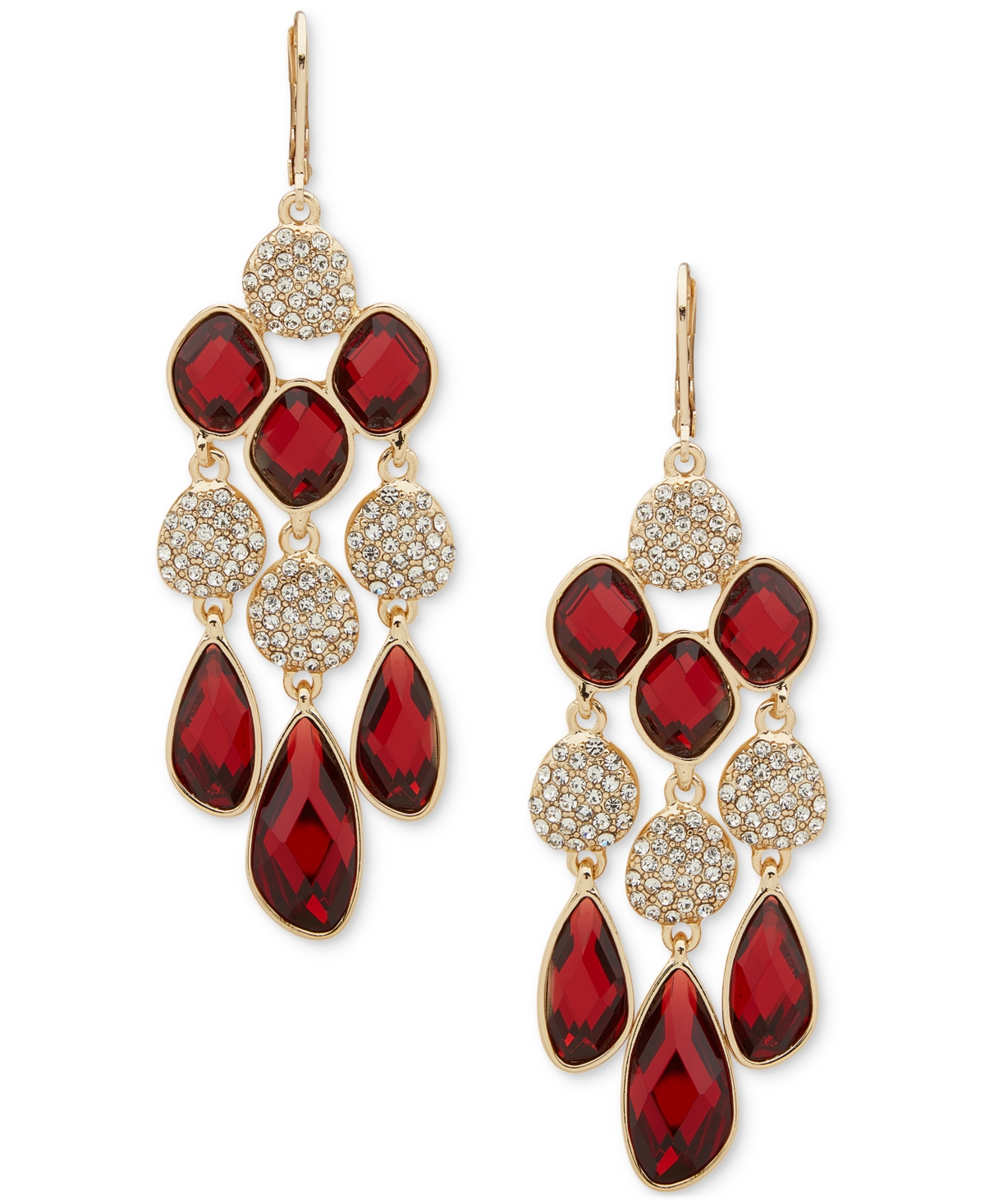 Anne Klein Gold-tone Pave Disc & Color Stone Chandelier Earrings In Red