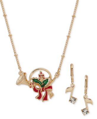 Anne Klein - Gold-Tone French Horn Pendant Necklace & Pav&eacute; Music Note Drop Earrings Set