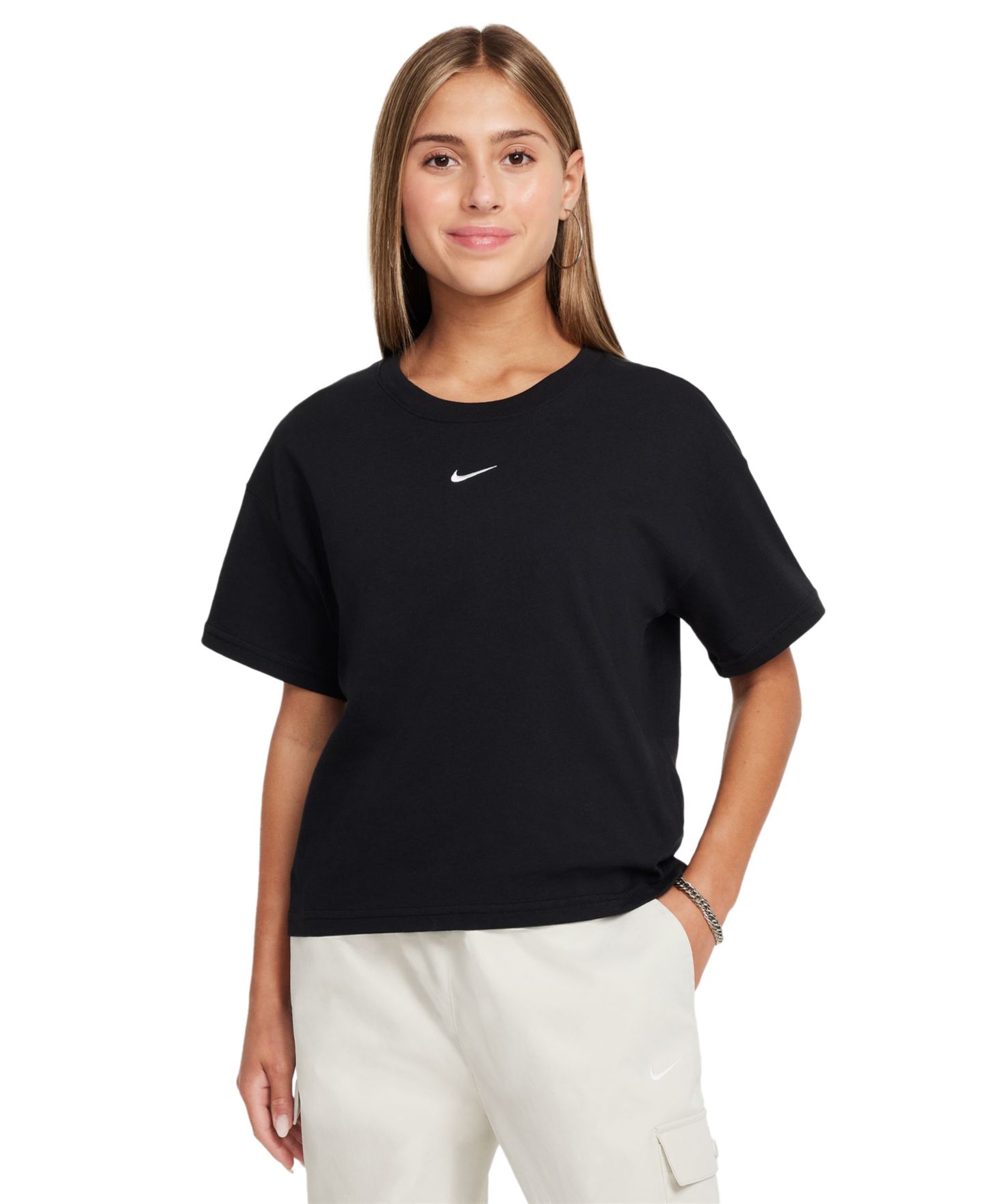 Футболка Nike Sportswear Essential Cotton Swoosh Logo T-Shirt для девочек, цвет: Чёрный — фото 1
