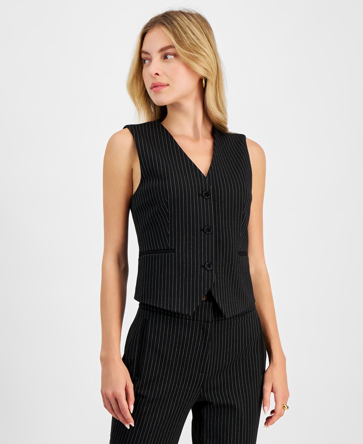 Shop Bar Iii Women's Pinstriped Vest, Exclusively At Macy's In Black,bar White