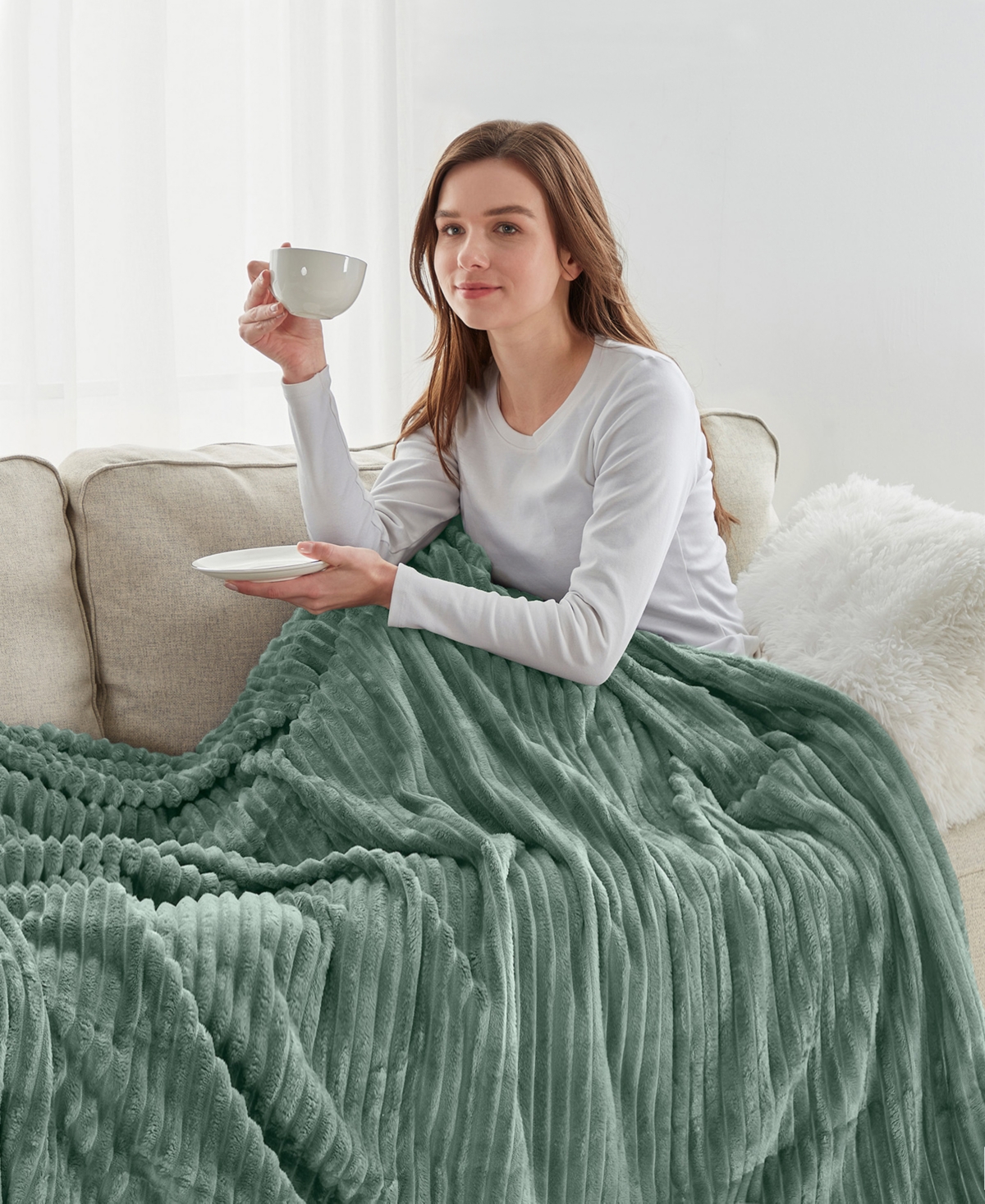 Nestl Cut Plush Lightweight Super Soft Fuzzy Luxury Bed Blanket, Twin In Sage