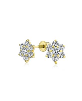 Tiny Cubic Zirconia CZ Flower Stud Earrings 14K Real Gold Screw back