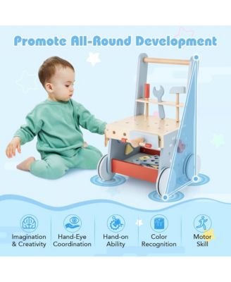 2-in-1 Wooden Baby Push Walker with Multi-Activity Center & Bottom Storage Toys