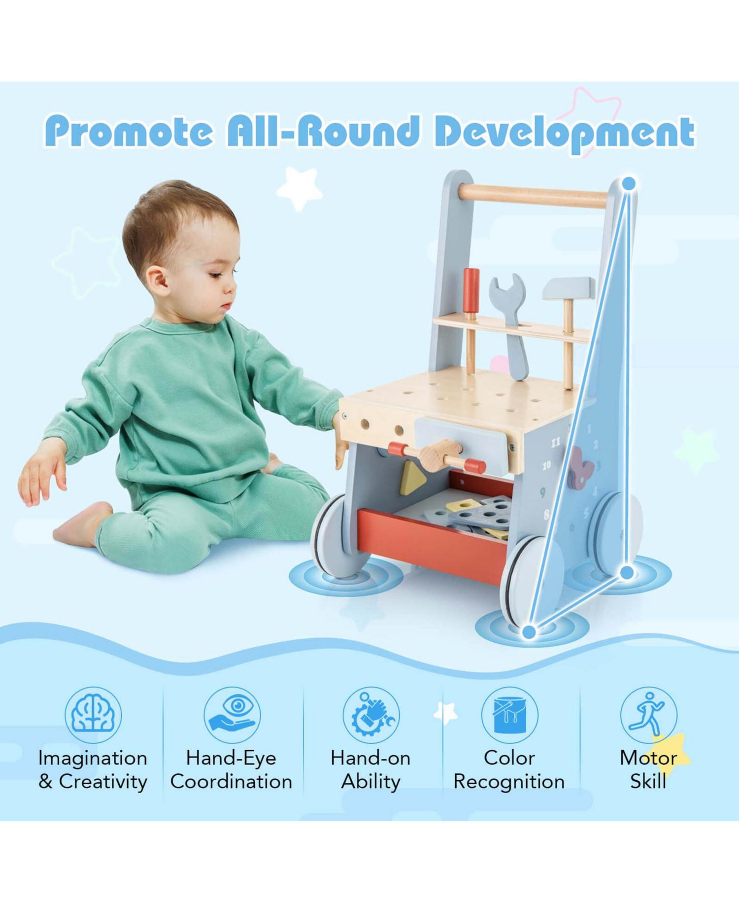 2-in-1 Wooden Baby Push Walker with Multi-Activity Center Bottom