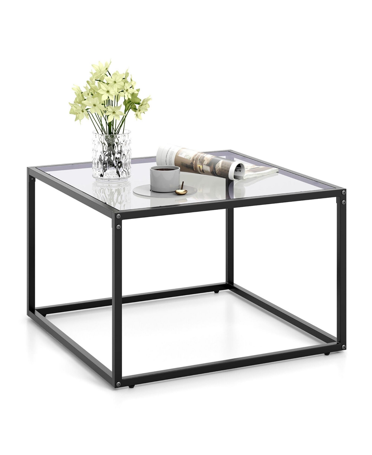 Gymax Glass Coffee Table Modern Square Metal Frame Living Room- Transparent+grey