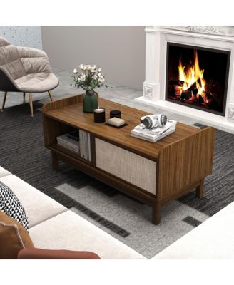 39.5" Rectangular Coffee Table with Sliding Weaving Doors – Wood Center Table