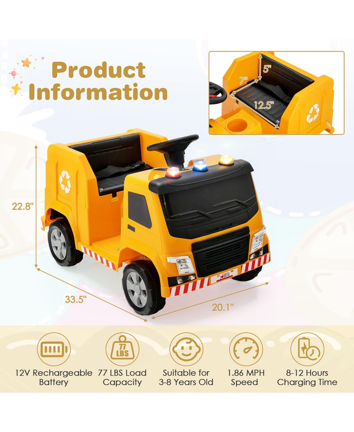 Gymax 12V Recycling Garbage Truck Electric Ride On Toy Remote w/Recycling Accessories Yellow