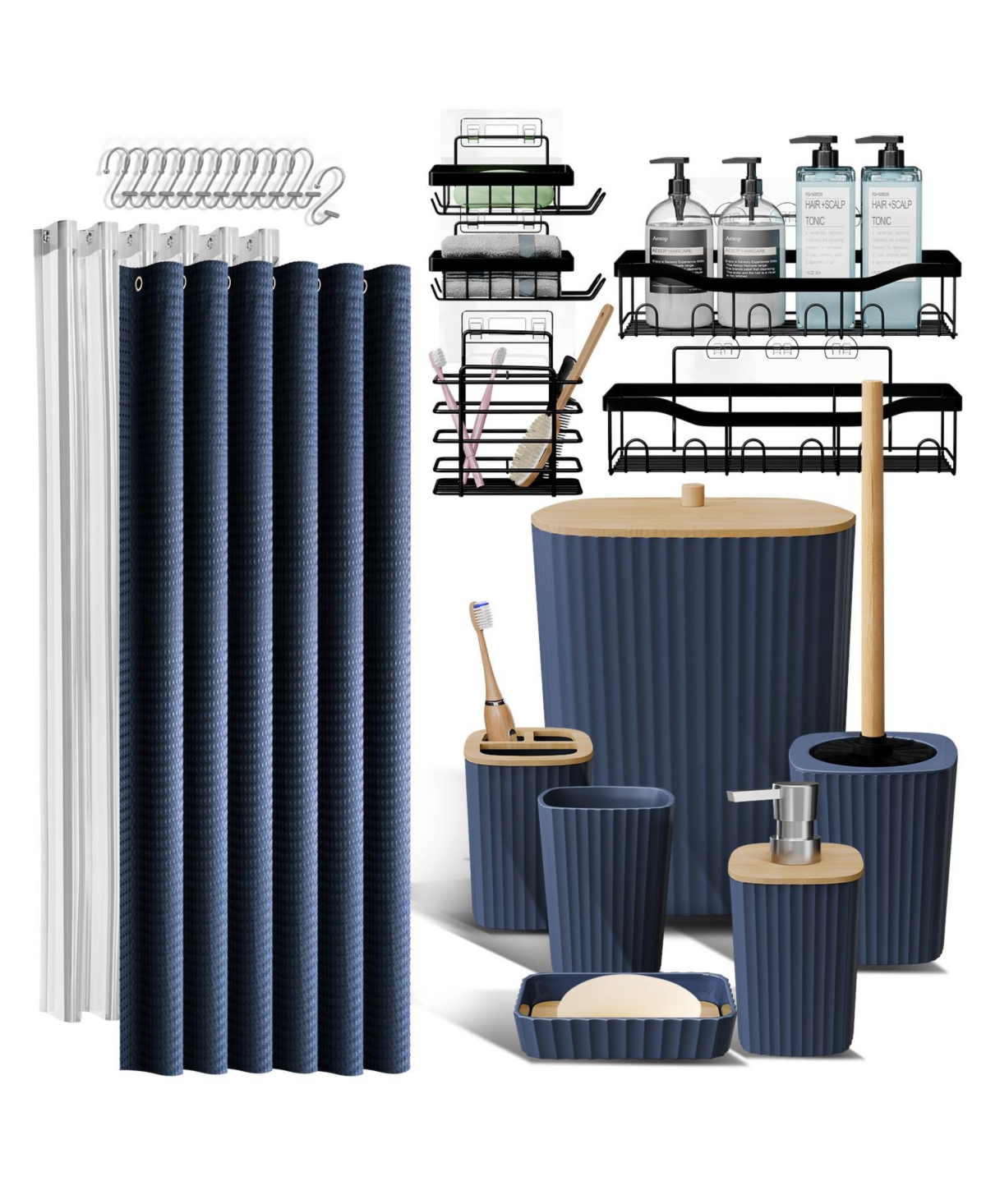 25 Piece Complete Bathroom, Vanity & Shower Accessories Set - Black - Purple