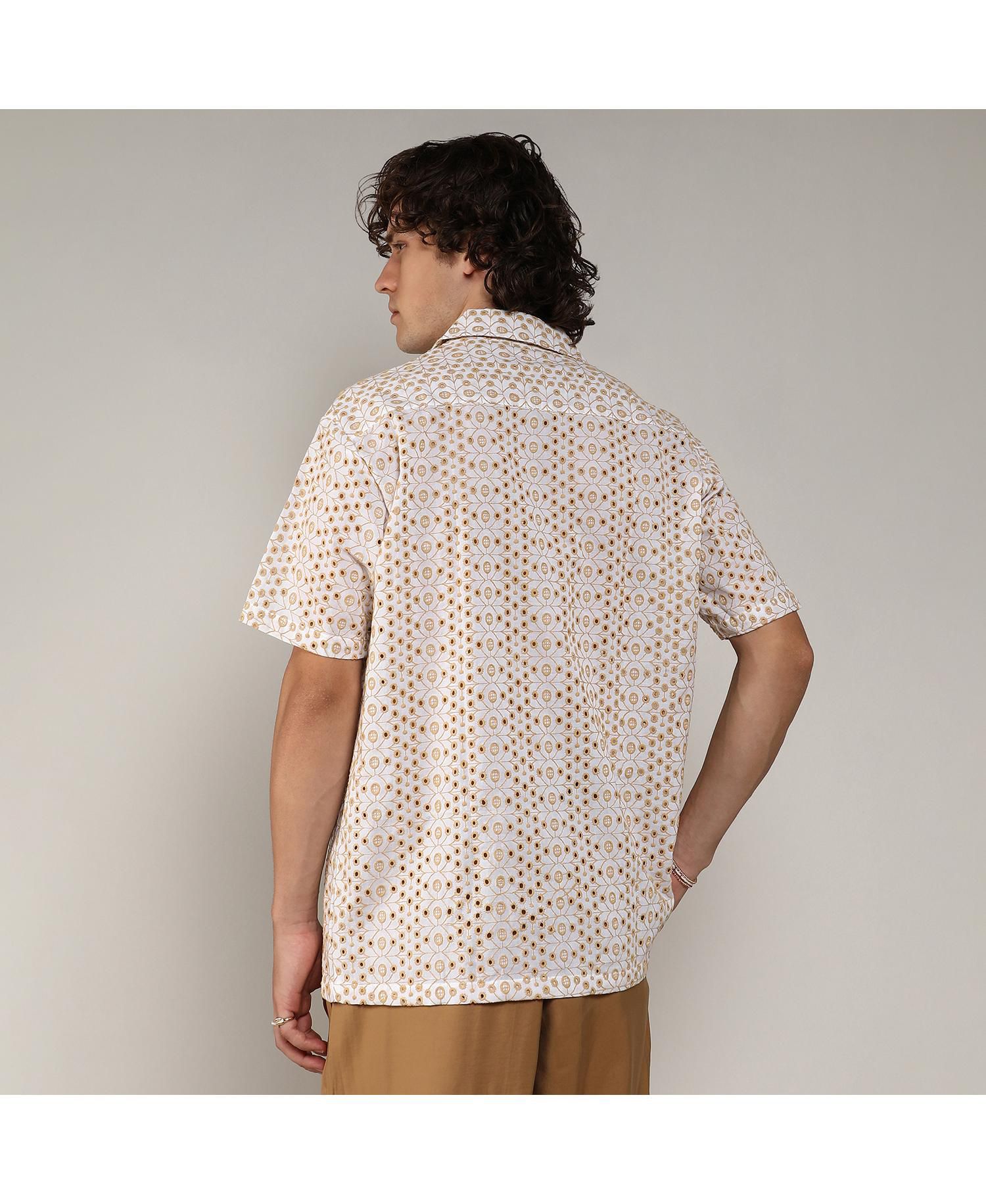 Men's Off-White & Tan Brown Embroidered Circular Shirt
