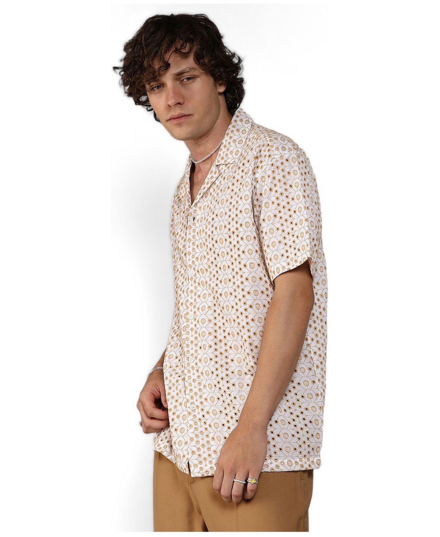 Мужская рубашка Cahoot Campus Sutra Off-White & Tan Brown Embroidered Circular, цвет: Белый — фото 6