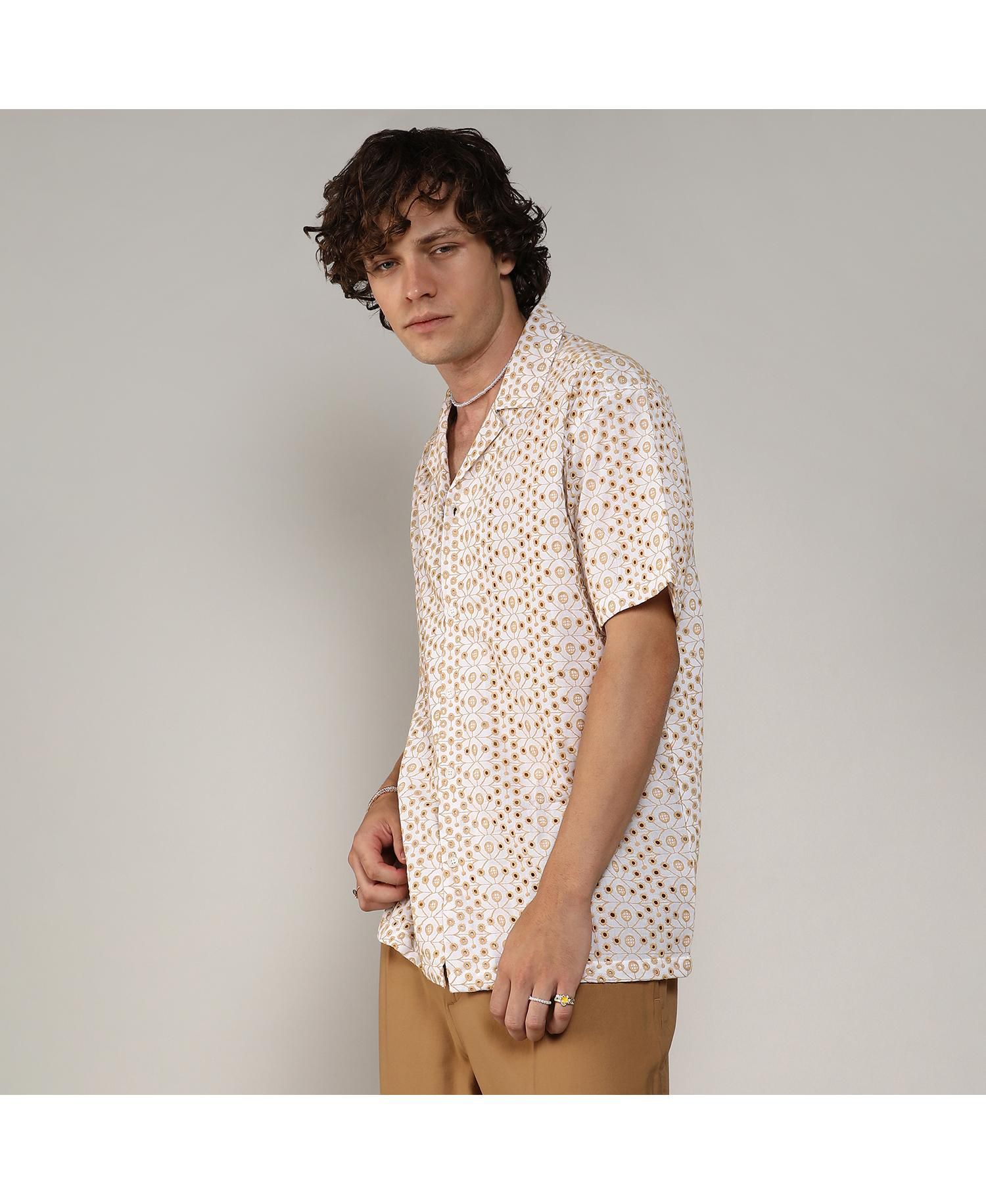 Men's Off-White & Tan Brown Embroidered Circular Shirt