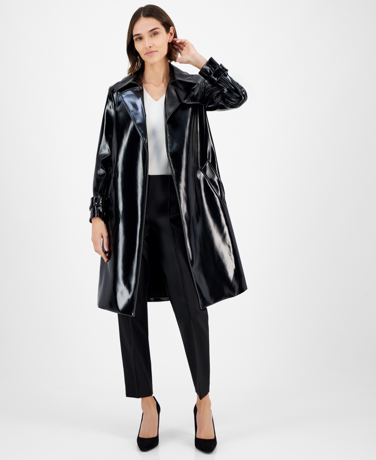 Anne Klein Women's Patent Faux-Leather Trench Coat