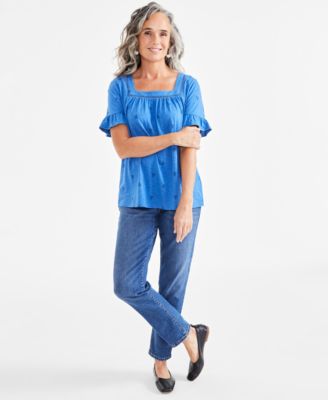 Women's Printed Square-Neck Ruffle-Sleeve Top, Created for Macy's