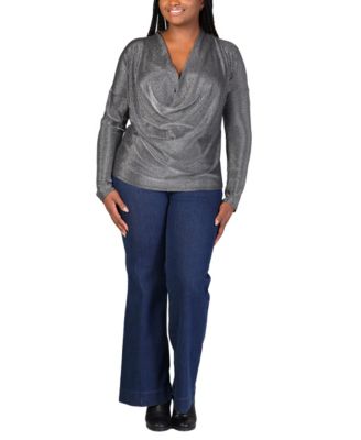Plus Size Cowl Neck Long Sleeve Shimmery Top