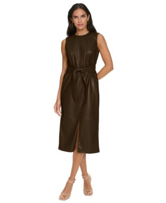Calvin Klein Women's Faux-Leather Sleeveless Tie-Waist Dress Macy's