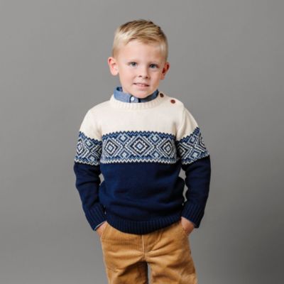 Boys Organic Long Sleeve Intarsia Crew Neck Pullover Sweater with Buttons