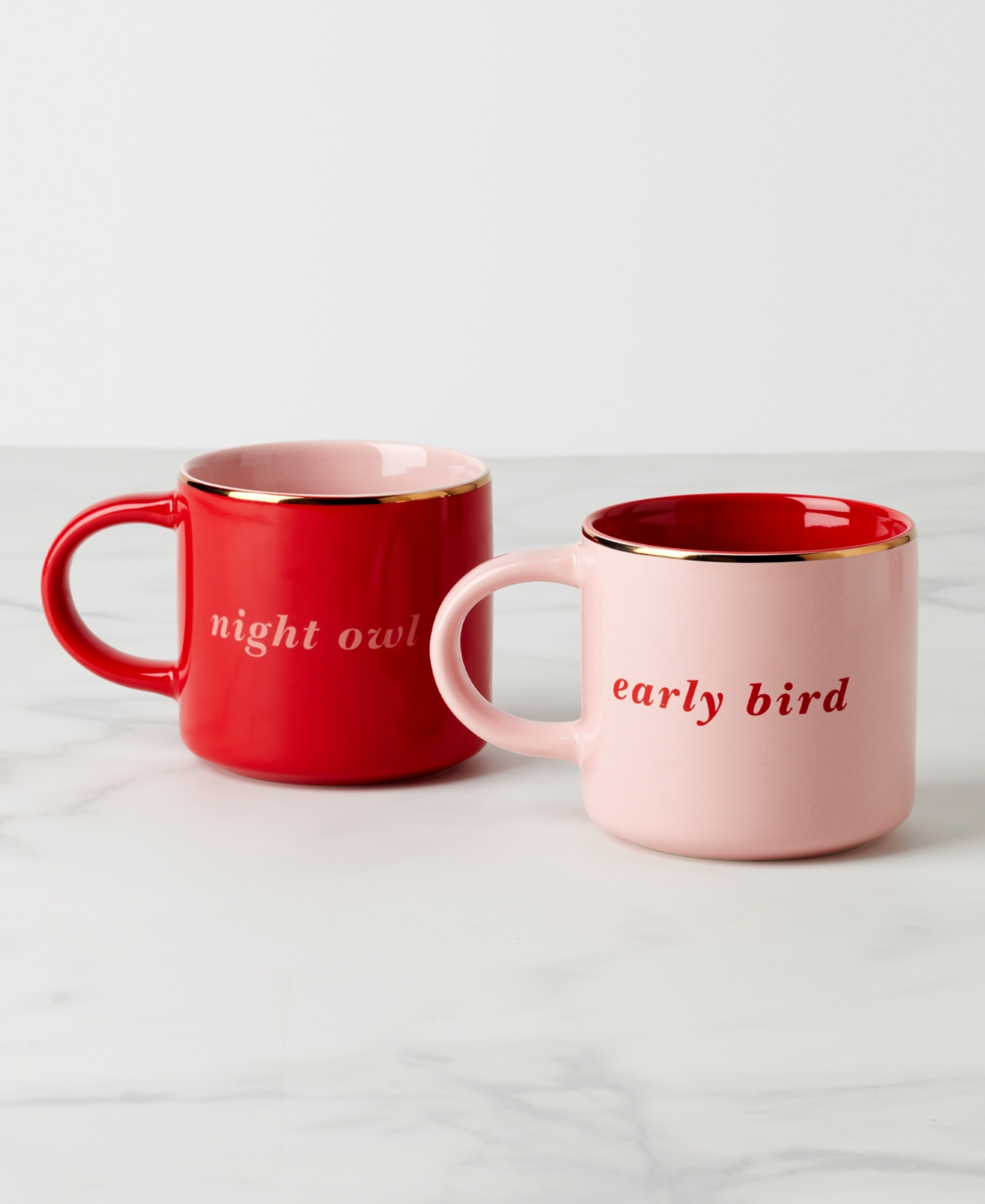 Kate Spade Early Bird Night Owl Mugs, Set Of 2 In Pink And Red