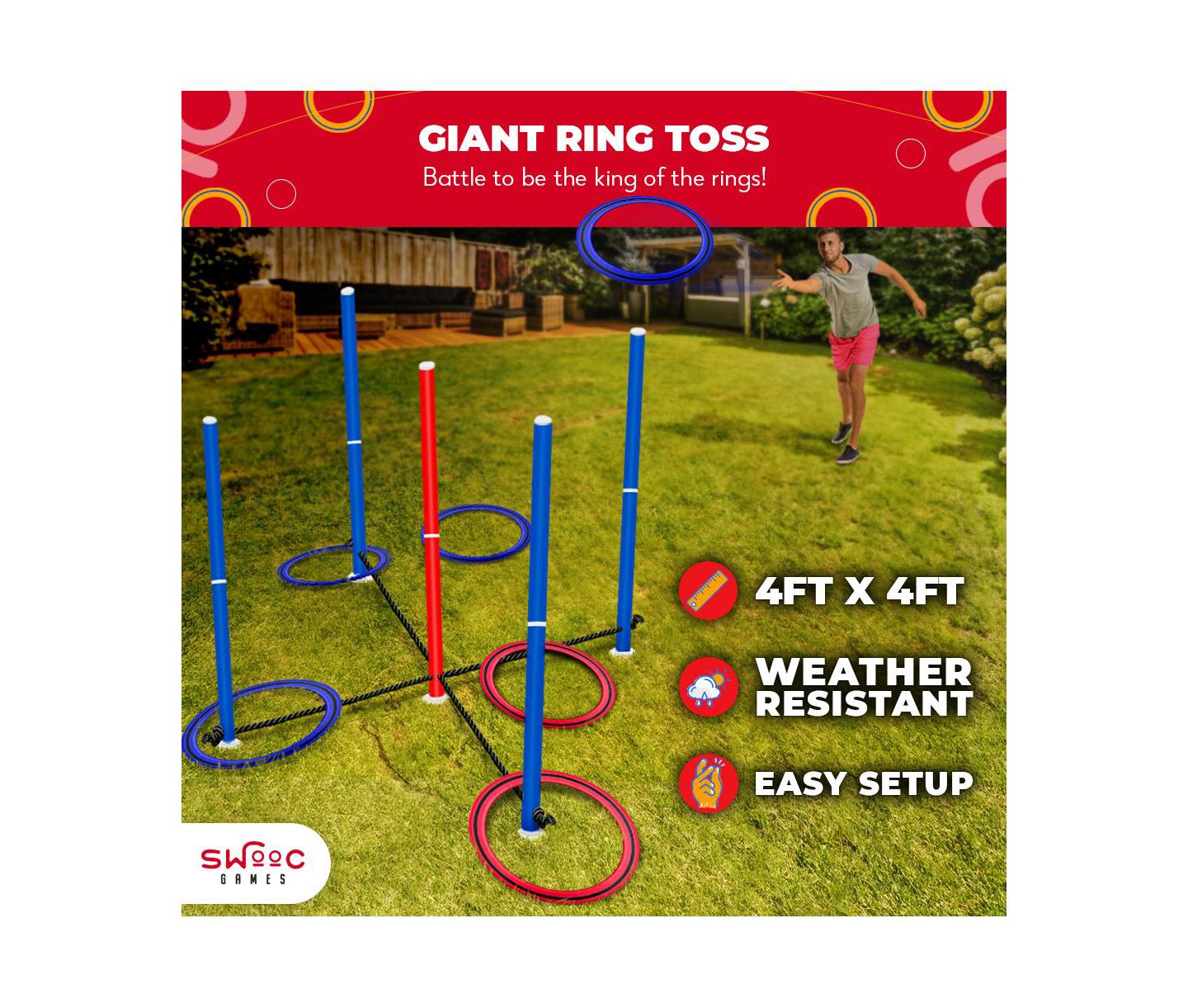 Игра в кольцеброс Swooc King Toss, 4 x 4 фута, всепогодная, 2-8 игроков, от 5 лет — фото 6