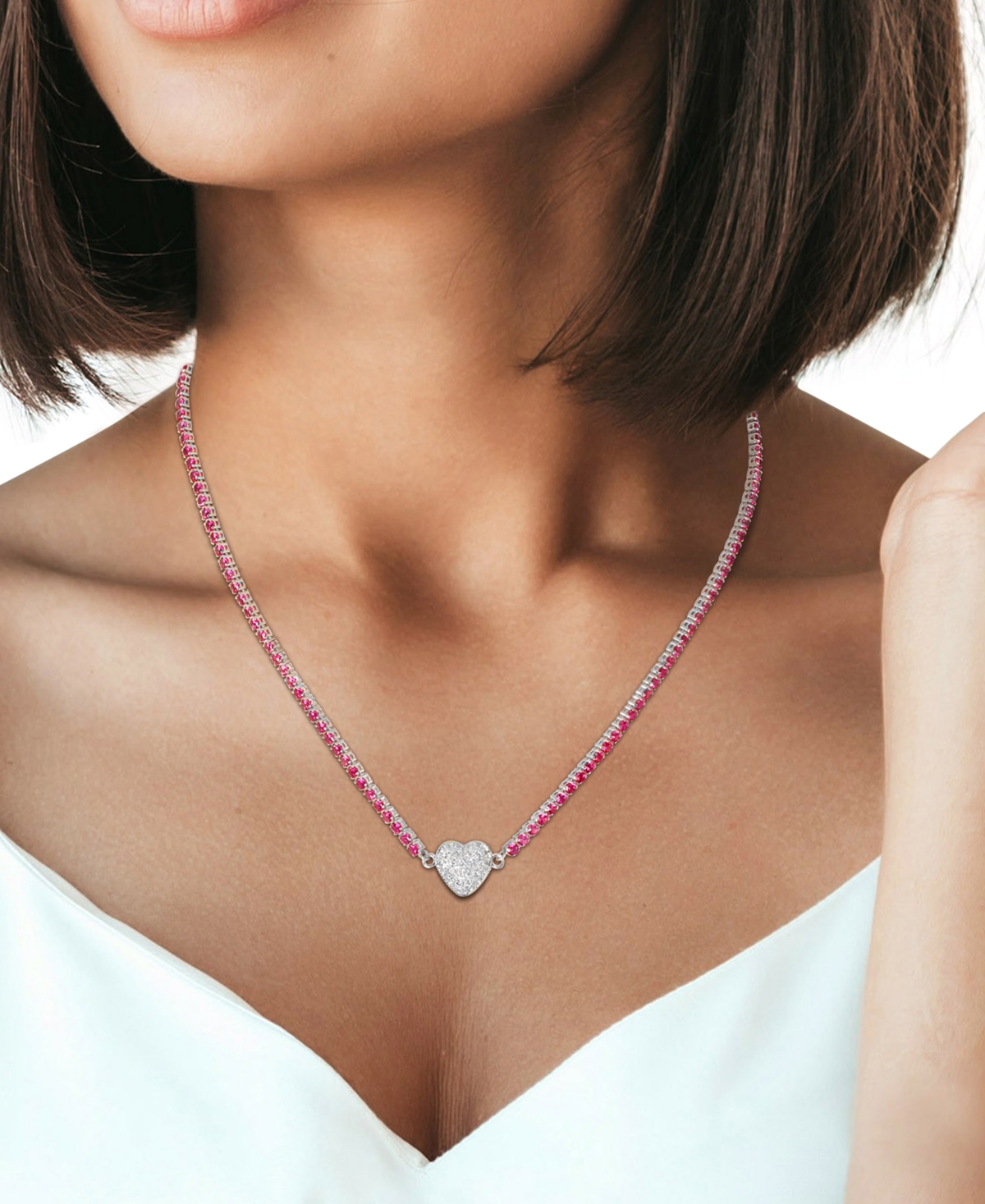 Macy's Lab-created Ruby (13 Ct. T.w.) & Lab Created White Sapphire (1-1/4 Ct. T.w.) Heart 17" Pendant Neckl In Ruby