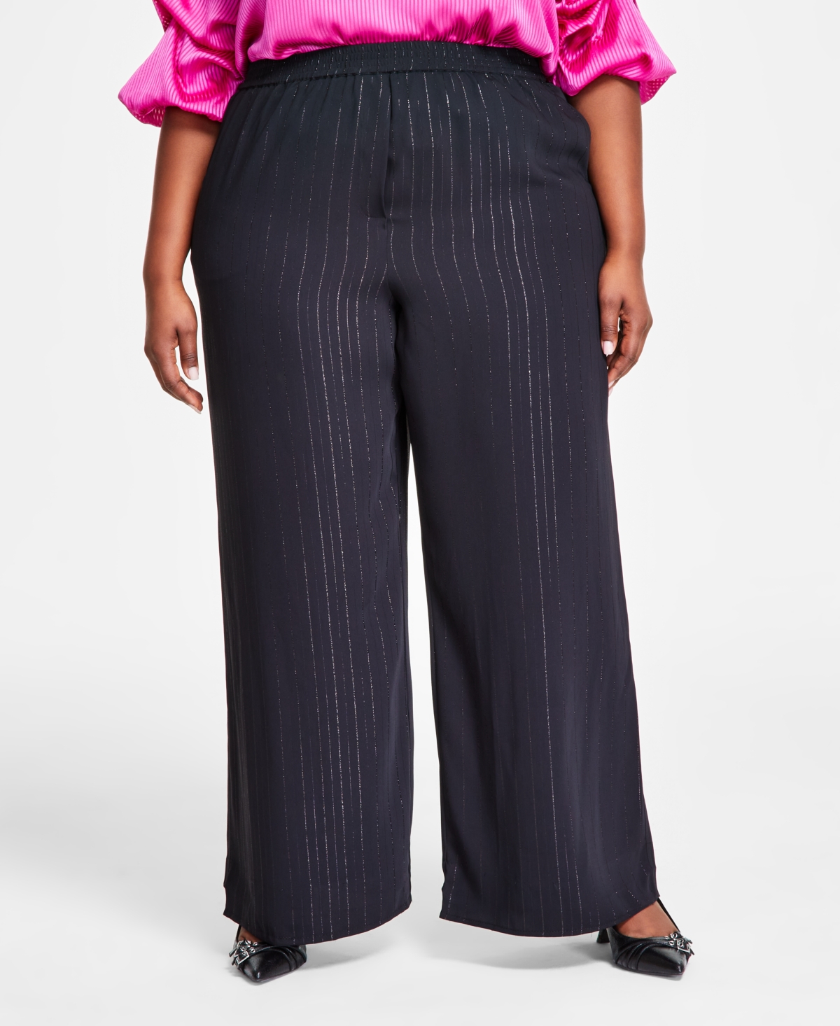 Shop Vince Camuto Plus Size Striped Pull-on Wide-leg Pants In Rich Black