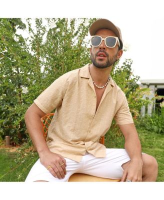 Men's Beige Embroidered Geometric Shirt