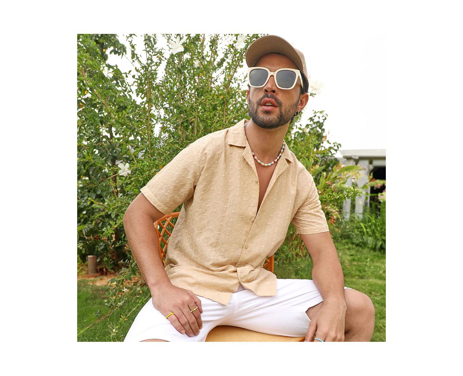Men's Beige Embroidered Geometric Shirt