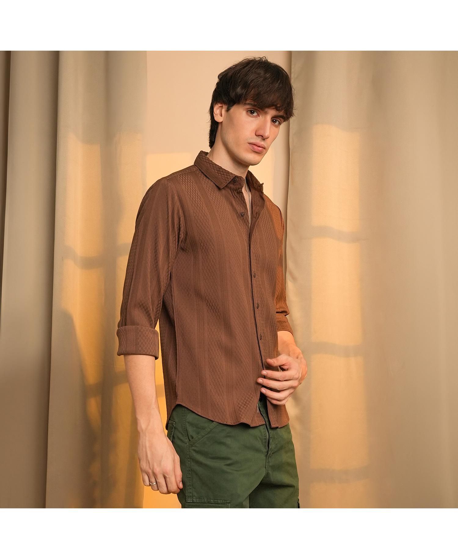 Men's Chocolate Brown Mesh-Textured Knit Shirt