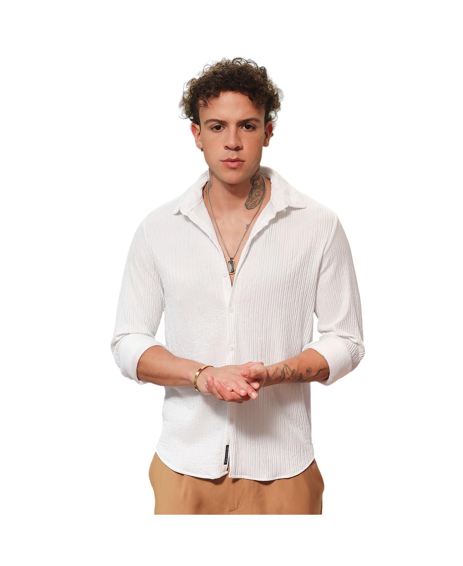 Men's Powder White Solid Creased Shirt