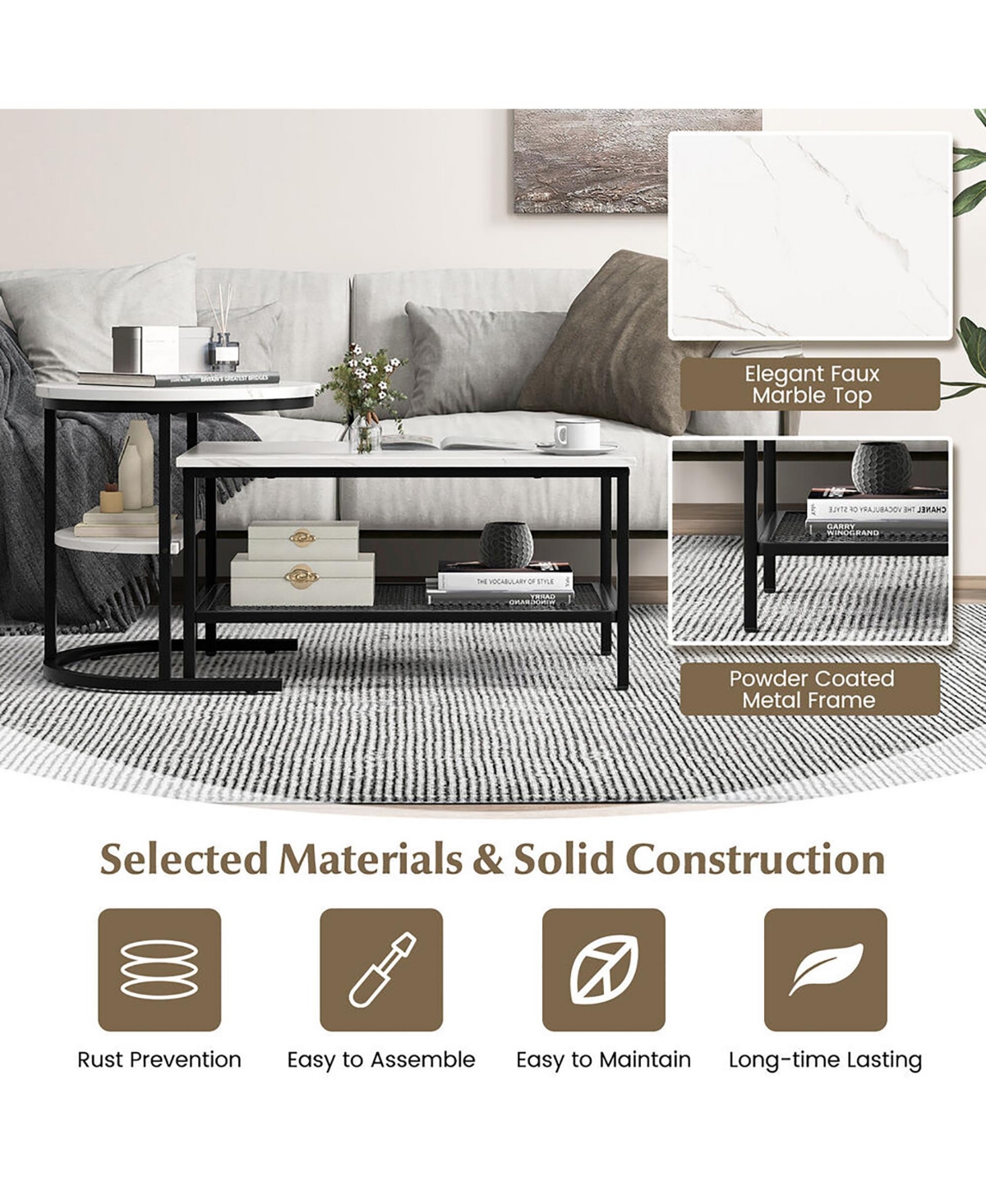 Gymax Nesting Coffee Table Set of 2 Faux Marble Top Detachable w/ Storage Shelf Gold - Black+white