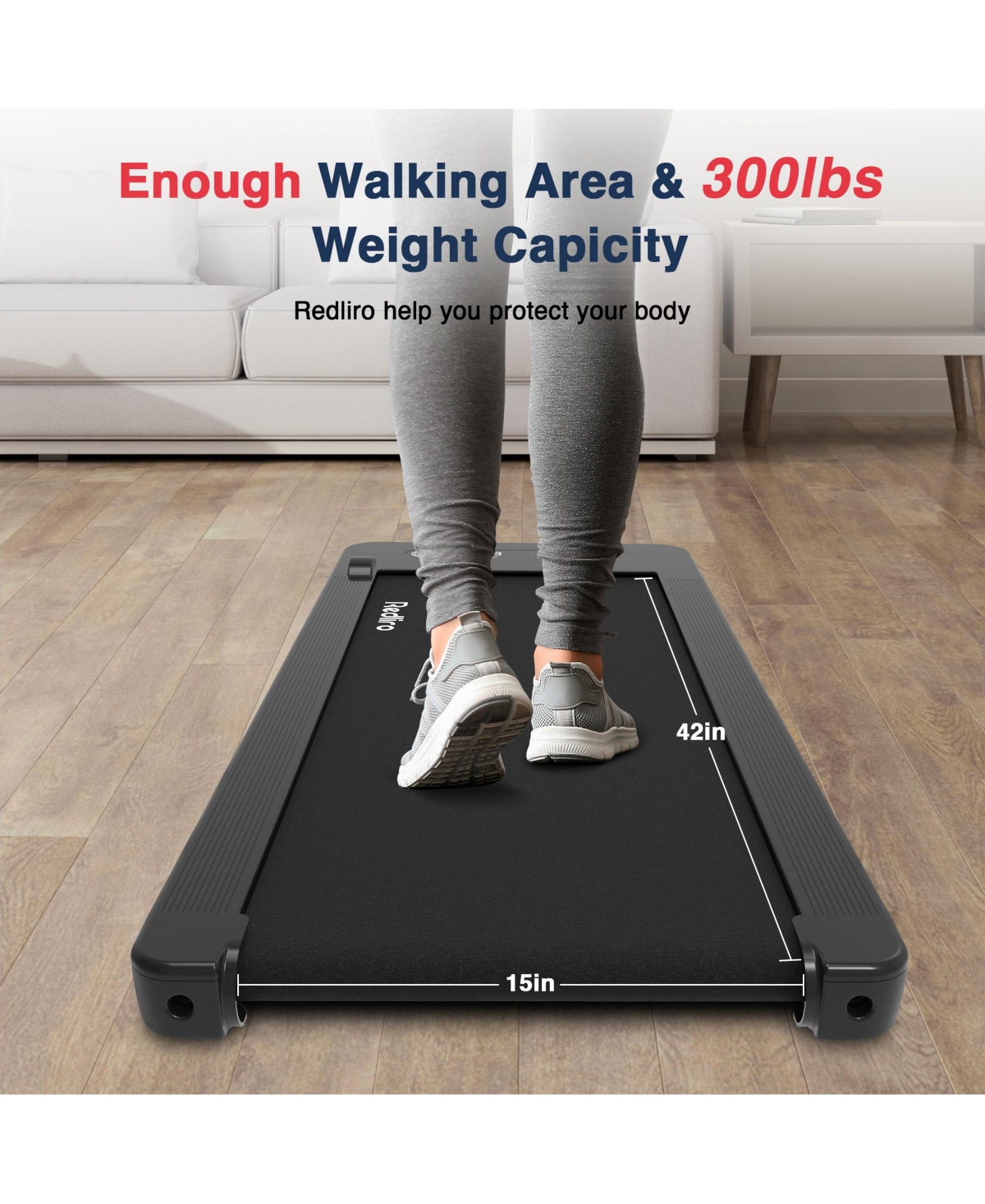 Redliro Under Desk Treadmill Walk Pad 2.25HP 300LBS Anti-Slip Belt Compact for Home Office,- Silver
