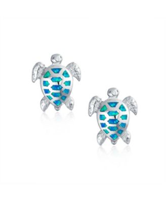 Nautical Beach Vacation Iridescent Created Opal Inlay Sea Tortoise Turtle Stud Earrings Sterling Silver 13MM