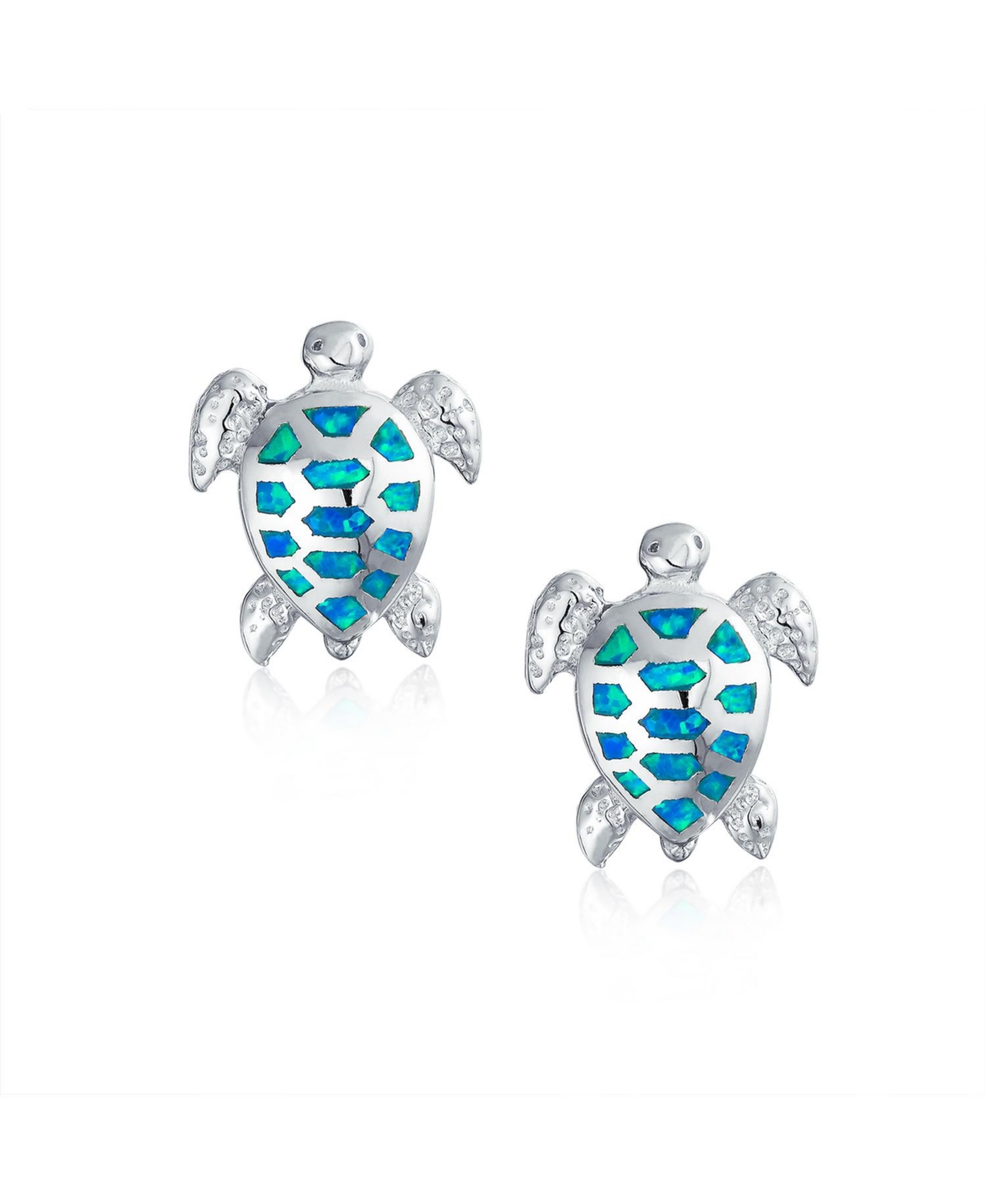 Bling Jewelry Nautical Beach Vacation Iridescent Created Opal Inlay Sea Tortoise Turtle Stud Earrings For Women Sterling Silver 13MM