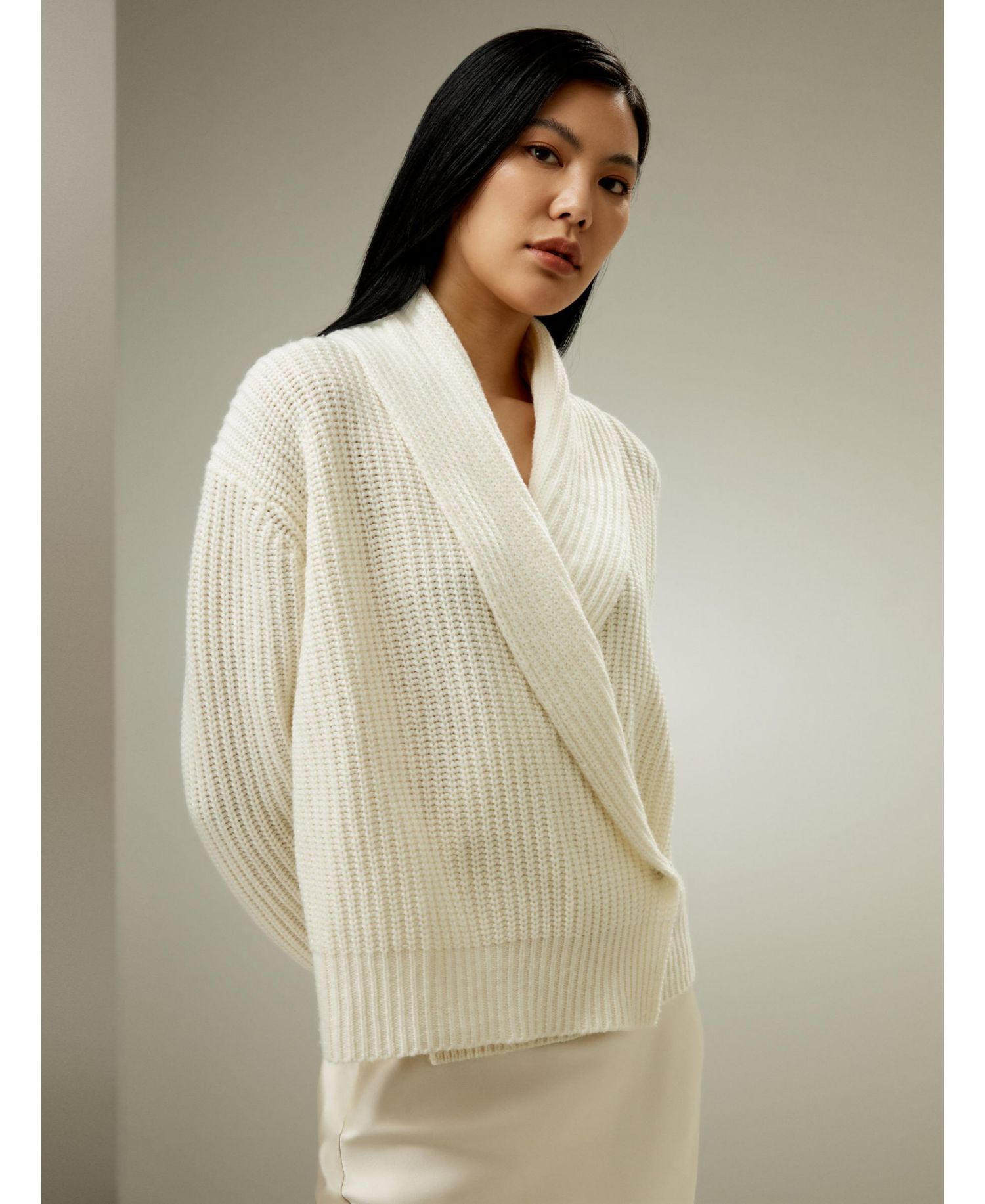Women's Shawl Collar Drop Shoulder Knit Wool-Cashmere Blend Cardigan