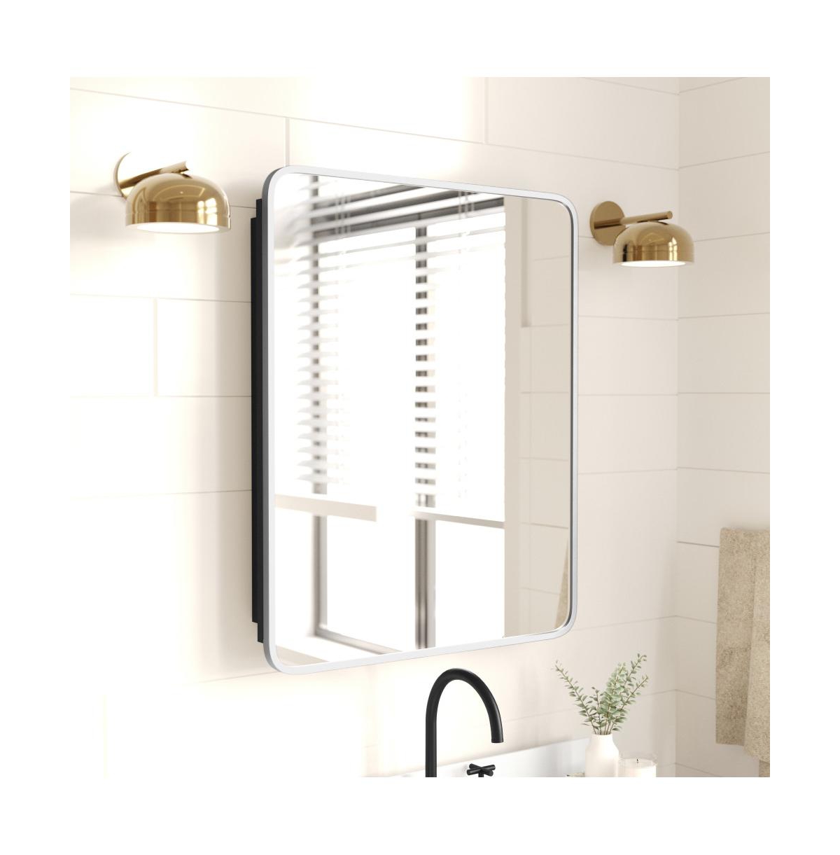Merrick Lane Glover Reversible Bathroom Wall Medicine Cabinet With Rounded Rectangular Beveled Mirror And Metal Frame And Shelves