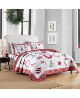 3 Pcs Winter Red Candy Christmas Quilt Bedspread Set Queen
