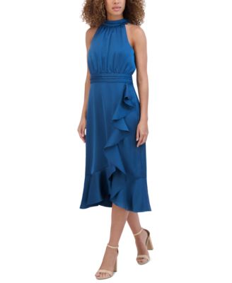 kensie - Women's Satin Ruffle-Trimmed Midi Dress