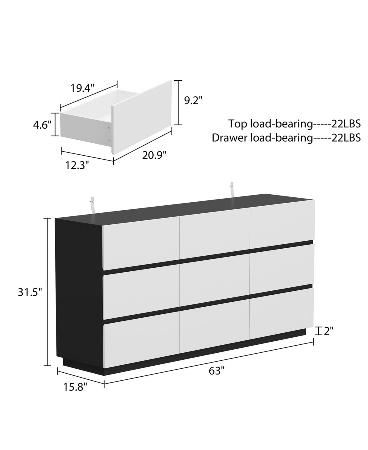 Homsee Black and White Wooden Accent Storage Cabinet with 9-Drawers
