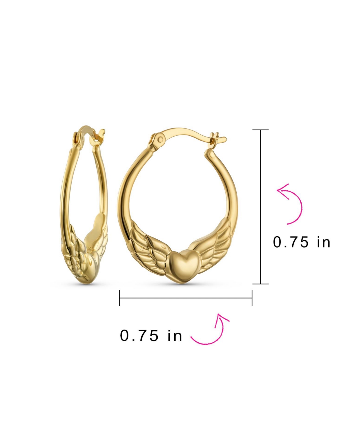 Bling Jewelry Spiritual Angelic Angel Wing Heart Hoop Earrings 14K Gold Plated .925 Sterling Silver .75 Inch Diameter