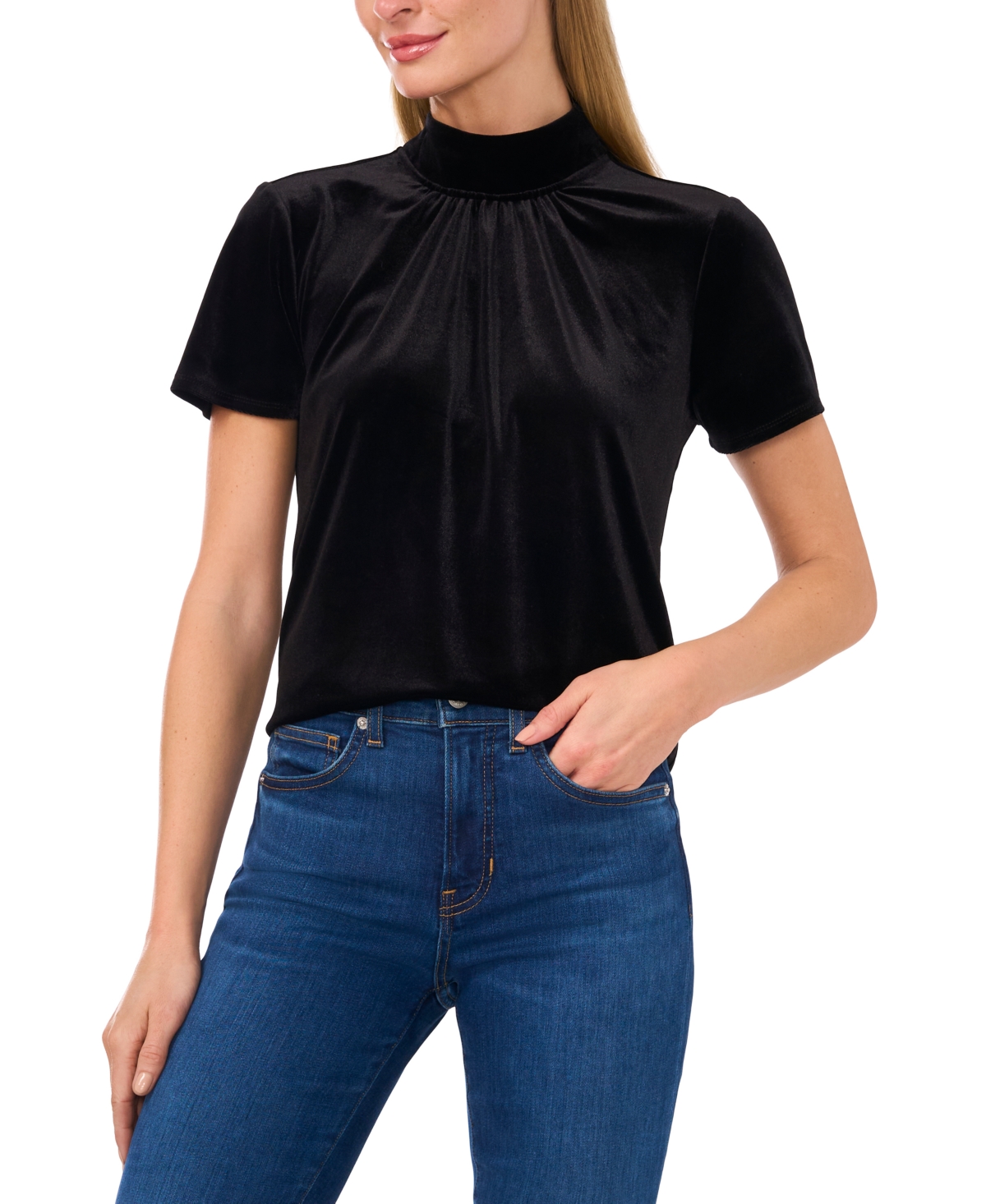 Women's Velvet Mock-Neck Tie-Back Short-Sleeve Top - Rich Black