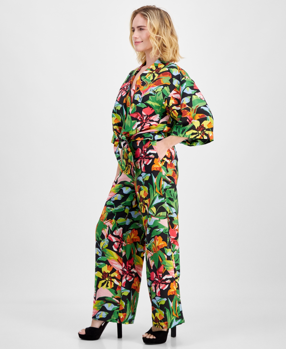 Inc International Concepts Petite Floral-print Tie-hem Top, Created For Macy's In Kylie Garden