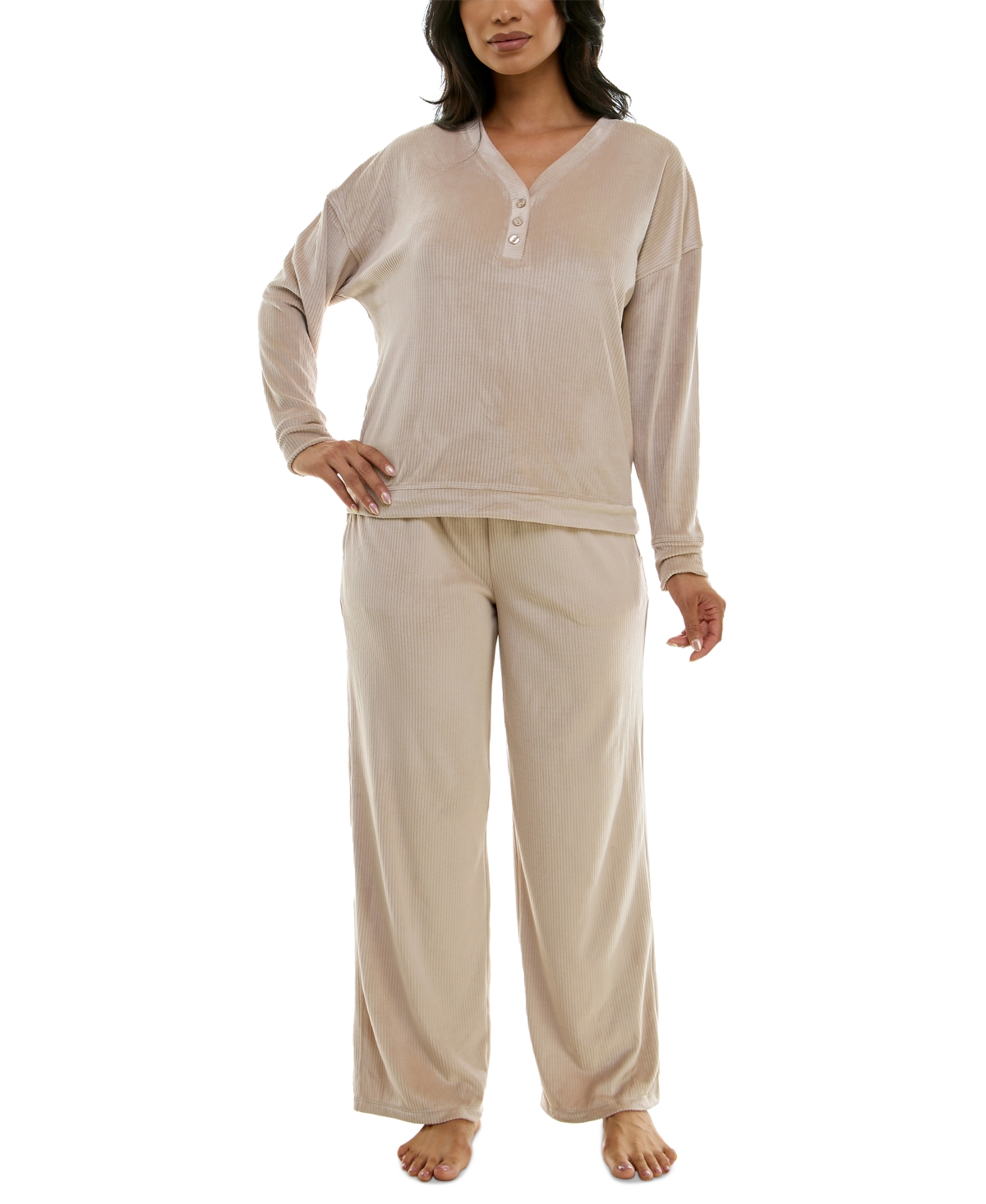 Roudelain Women's Long-Sleeve Ribbed Velour Pajama Set - Goat 250