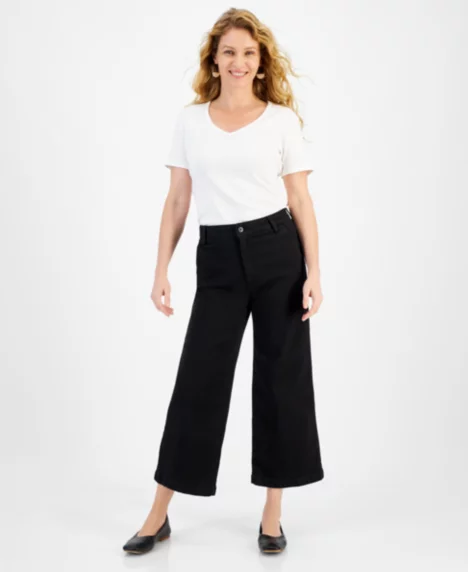Petite High-Rise Wide-Leg Cropped Jeans - Deep Black