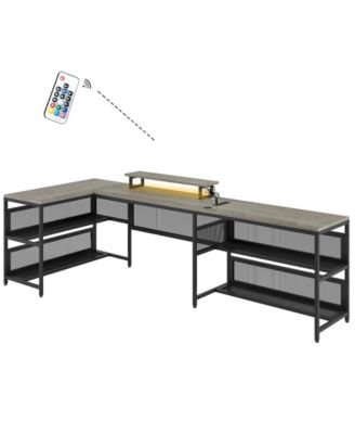 U-Shaped Desk with Shelves and LED Lights – Modern and Functional Workspace