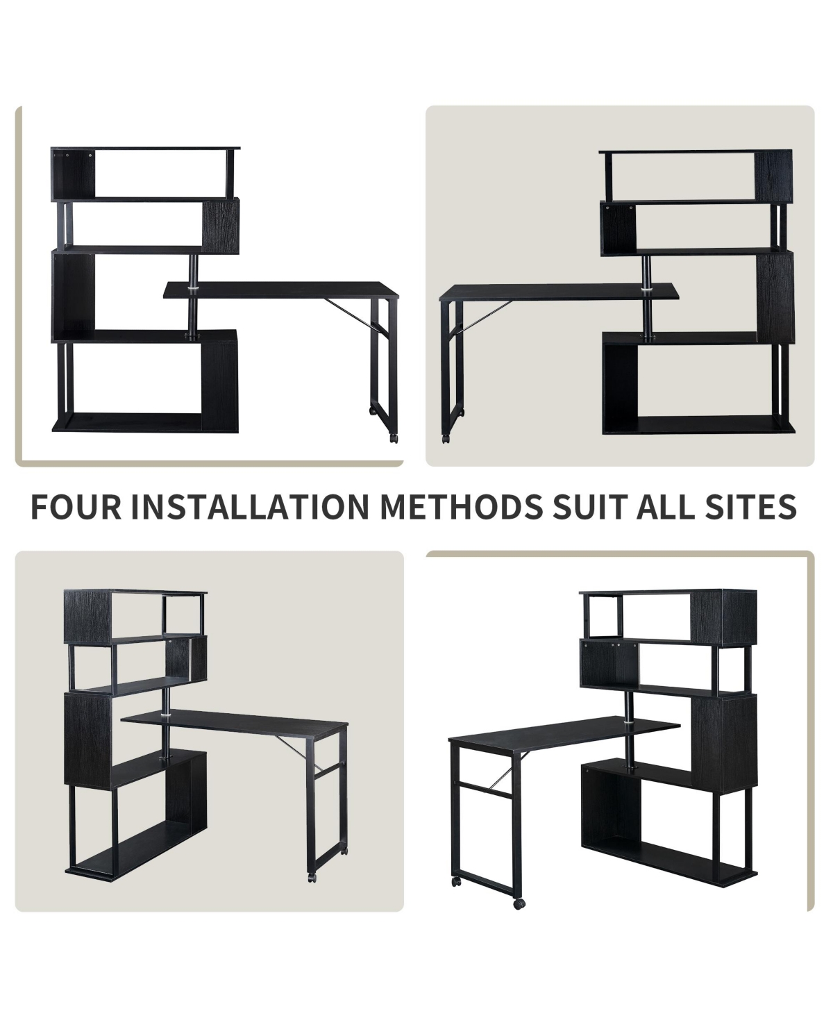 Slickblue Home Office Computer Desk L-Shaped Corner Table, Rotating Computer Table with 5-Tier Bookshelf, Four Installation Methods, Lockable Casters